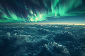 Stunning Aerial View Above the Clouds with Glowing Northern Lights Illuminating the Night Sky