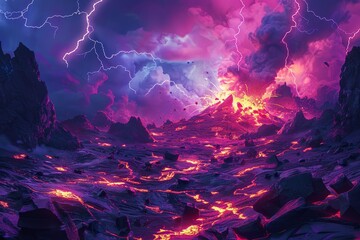 Vivid Digital Artwork of a Volcanic Eruption with Fiery Lava Flows and Striking Lightning in a Dramatic Sky