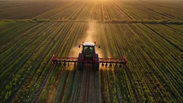 Aerial view of farming tractor and spraying on field,vector 4k digital video created with generative ai.