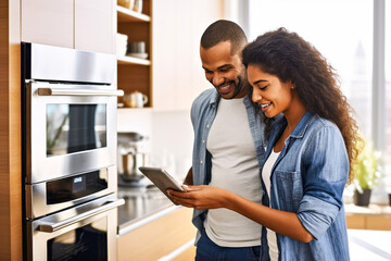 African American couple engages with their smart oven connect with smartphone application. Concept of innovation technologies for cooking routine in a modern, minimalist kitchen