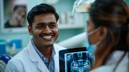Portrait of a young Indian male dentist examining X-ray images of a patient in a bright office. Smiling male dentist examines pictures with a patient. Dental care concept. - Powered by Adobe