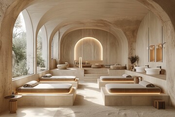 Minimalist meditation room with neutral tones and soft lighting, creating a calm and peaceful environment ideal for mindfulness and relaxation