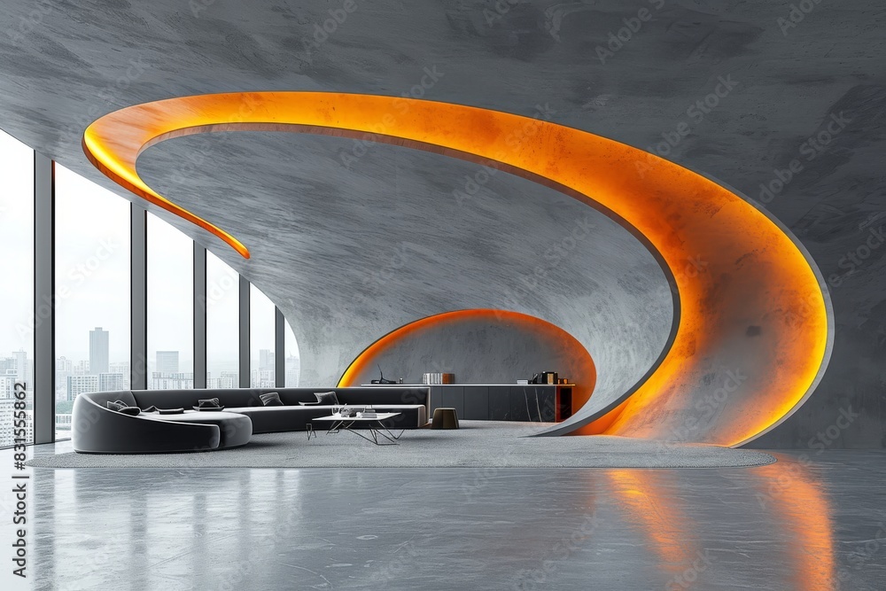 Poster modern architectural space with striking orange curved ceiling and sleek design, creating a dynamic 