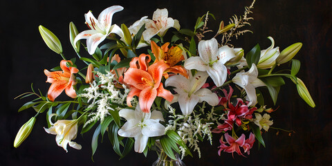 Foliage flowers greenery The flowers on the wedding wall . Women's Day flowers different roses lilies peonies carnations bouquet.


 