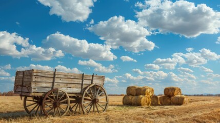 Scenery of a wooden wagon surrounded by hay stacks under a clear blue sky with fluffy white clouds