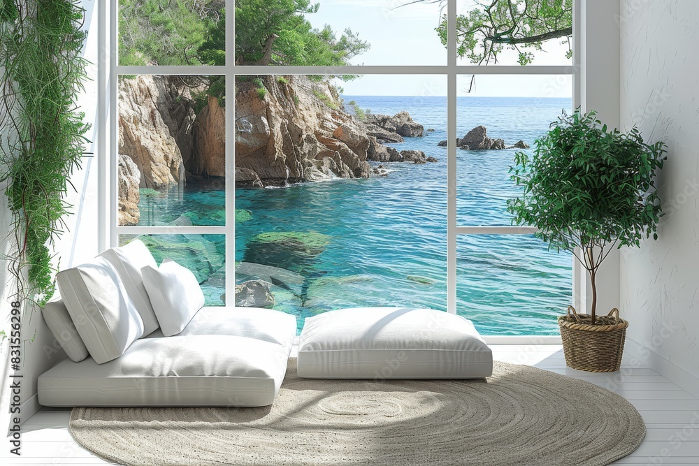 Poster coastal scene with white lounger and turquoise sea view through an open window, creating a refreshin