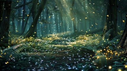 Obraz premium A forest glade teems with bioluminescent fireflies and radiant plants, casting a mystical, soft glow.