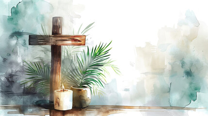 christening cross watercolor art and candles and leaf  on white background, Can be used for banners, backgrounds, badge, icon, church posters, brochures, print and health care awareness campaign 