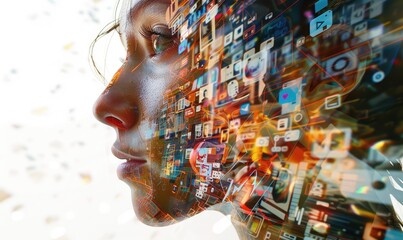 Multiple exposure photography with a female face and social media icons