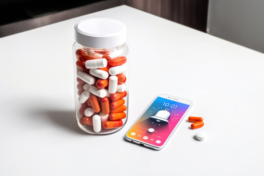 Medical Pill bottle with pills and smartphone. Isolated on white table at home background. Concept of medication reminder app for smartphones. Isometric horizontal projection
