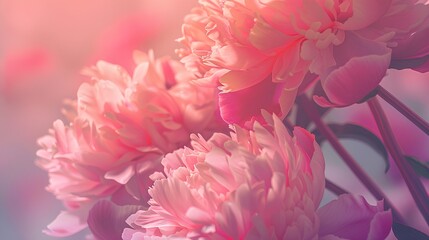 peony flowers in pastel pink and red colors with a blurred background creating a dreamy effect. Sunlight rays with a close up, macro photography style in a vintage theme.