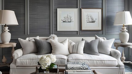  A living room with a light grey sofa, white pillows and two framed pictures of ships on the wall. The background is a dark gray wood panelled wall. 