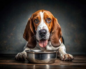 American English Coonhound dog sitting on a dark smoky background and eating from a bowl.