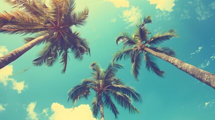 Looking up at blue sky and palm trees, view from below, vintage style, tropical beach and summer background, travel concept. 