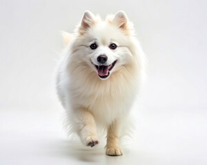American Eskimo Dog running on a plain white background and looking at the camera.