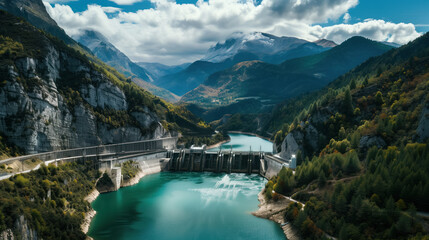 Hydroelectric dam nestled in a picturesque mountain valley