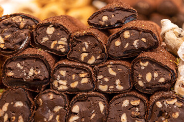 Turkish delight chocolate sweets for sale at bazaar in Turkey