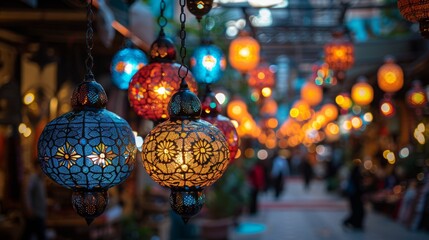 Obraz premium celebratory holiday decor, vibrant eid al-adha decorations suspended overhead, infusing a celebratory and inviting vibe into the holiday gathering