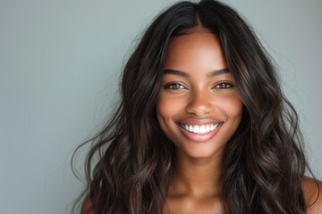 Fototapeta premium a woman with smooth, keratin-treated hair smiling, portraying a professional hair styling concept