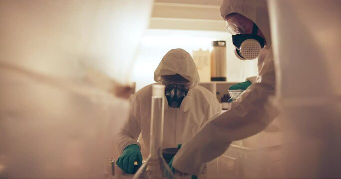 Bio, scientist and lab with people in ppe, plastic curtain and test tube for hazardous or toxic materials. Latex gloves, safety and protection for people, collaboration and illegal substance