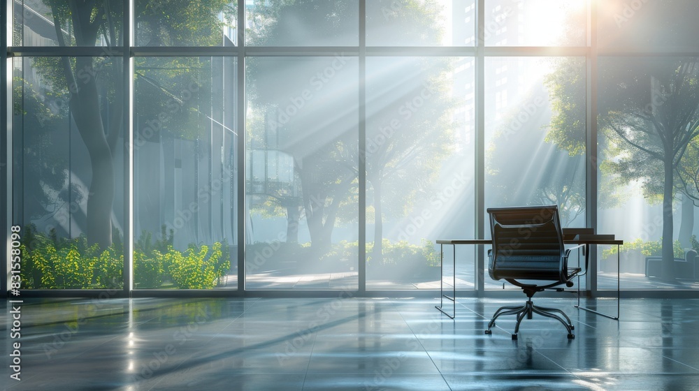 Poster rays of morning sunlight stream through large glass windows in a spacious office, illuminating an em