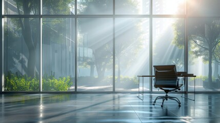 Rays of morning sunlight stream through large glass windows in a spacious office, illuminating an empty chair and desk with a view of a lush garden outside.