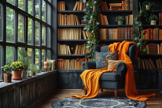 Modern reading corner with large windows and lush plants, featuring a comfortable armchair and warm lighting, creating a serene and inspiring environment