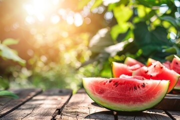 A ripe slice of watermelon rests on a wooden table in the image - Powered by Adobe