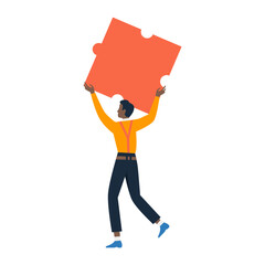 Man carrying one puzzle piece, tiny male character holding jigsaw part to connect vector illustration