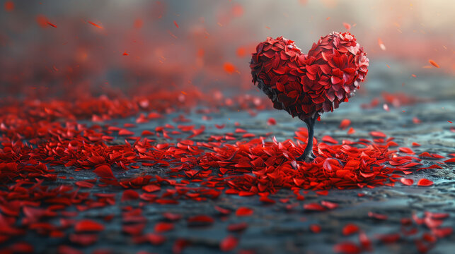 Heart-shaped tree made of red petals in a romantic setting