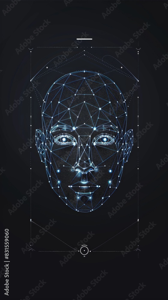 Poster geometric digital face pattern on a dark background. highlights facial recognition technology and di