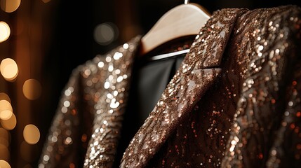 Obraz premium Luxurious evening dresses in sequins on hangers in the fitting room.