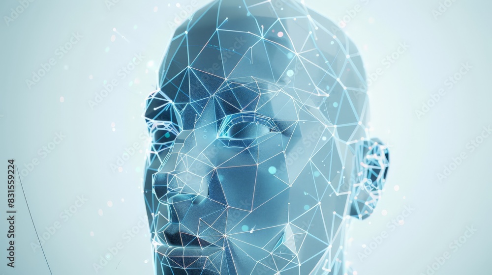 Poster abstract face with blue geometric patterns and light effects. represents face recognition, biometric