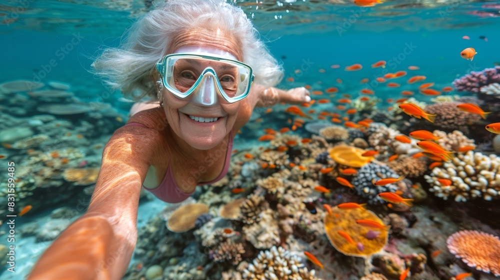 Wall mural active senior woman maintaining fitness through underwater swimming in a public pool - Wall murals