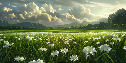 Daisies in a field of grass with a mountain in the background. Green meadow with white flowers and blue sky with white clouds.