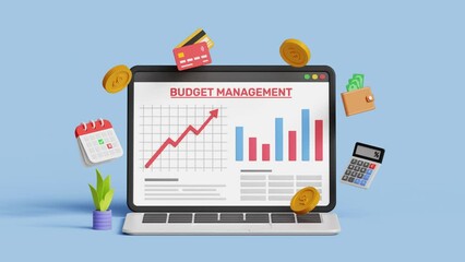Monthly cost or budget management. Expense, bills, mortgage or debt. Plan for savings or investment and money management concept. 3D laptop with budget planning items. 4k 3d loop animation