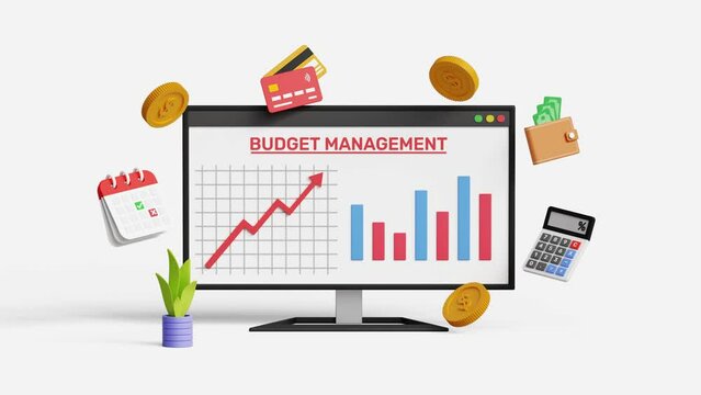 Budget management, financial control, dates, finance, personal budget, expense sheet and loan concept. Divide expenditure items. 3D computer screen with budget planning items. 4k 3d loop animation
