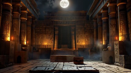 Naklejka premium Ancient Egyptian Temple of Gods. An ancient temple with high columns, stairs, moonlight, twilight. History of Ancient Egypt