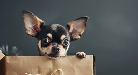 A Puppy with black fur Peeking from a Gift Box on a grey background.