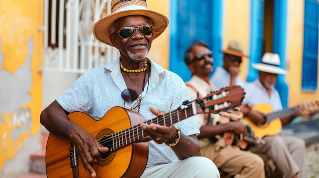 Four musicians play guitars and a conga drum, serenading the streets with vibrant music, reflecting their cultural heritage - Generative AI