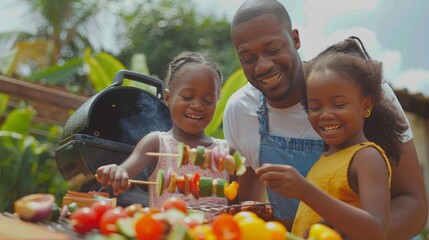 Black Father and Young Daughters Grilling, outdoor barbecue