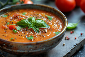 A bowl of rich tomato soup garnished with basil and cream. Concept of warming foods and simple pleasures. Generative Ai.
