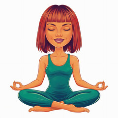 Woman with red-brown straight short hair, meditating, simple design, white background, illustration, vibrant