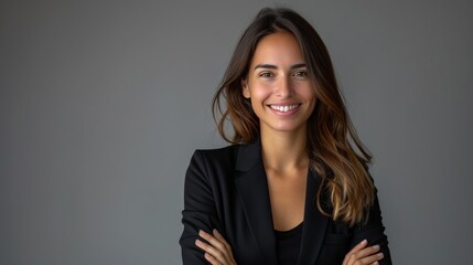 Fototapeta premium Portrait of Young Business Woman with Friendly Smile, Arms Crossed on gray background