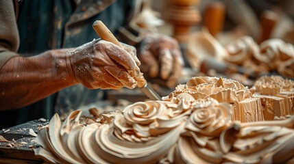Craftsman carving wood with precision, surrounded by tools and wooden sculptures, capturing the essence of traditional craftsmanship