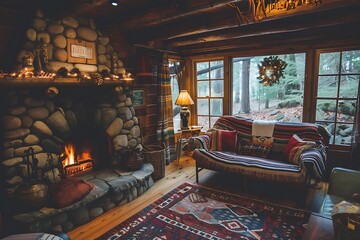 A cozy cabin interior with a stone fireplace and wooden beams.