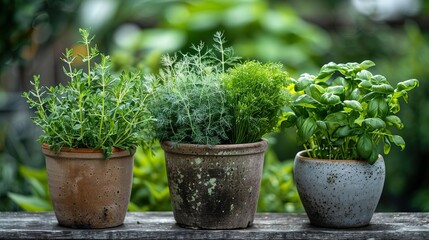Culinary herbs garden with a variety of fresh herbs like dill, chives, and sage, growing in charming pots and planters, perfect for a kitchen garden setting