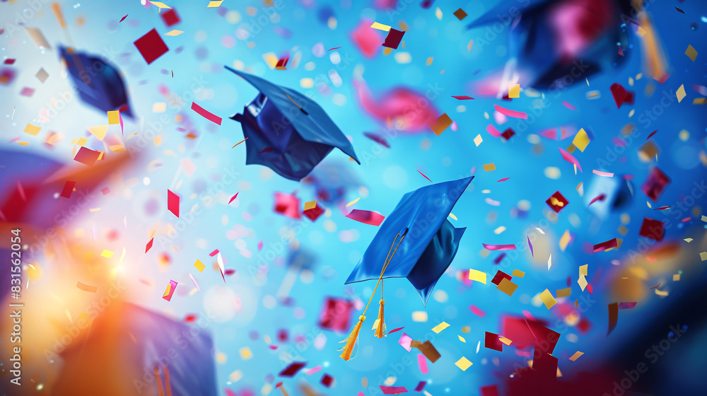 Wall mural artistic depiction of graduation caps tossed mid-air with vibrant confetti, symbolizing success and  - Wall murals