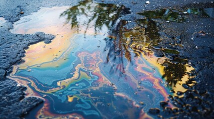 Colorful reflections in oil residue following rain