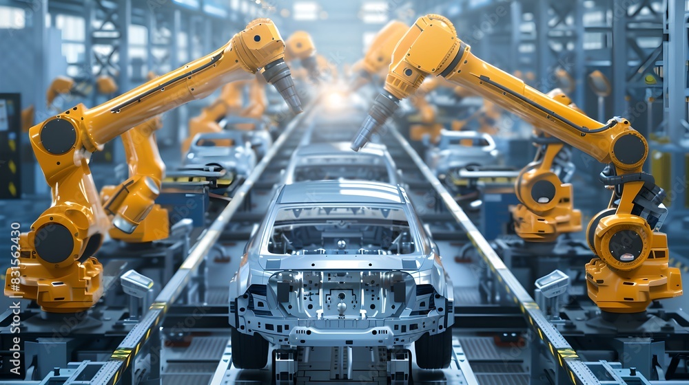 Poster automated car manufacturing. robotic arms assembling a car on a production line. modern factory tech